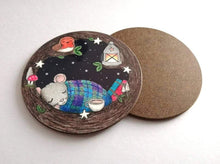 Load image into Gallery viewer, Back and front of a sleeping mouse coaster, the mouse is in a tree with a robin, lantern, toadstools and stars
