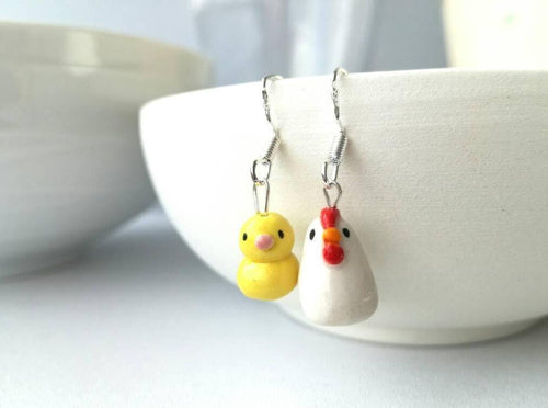Easter earrings, chicken and chick ceramic earrings, sterling silver, white hen and yellow chick