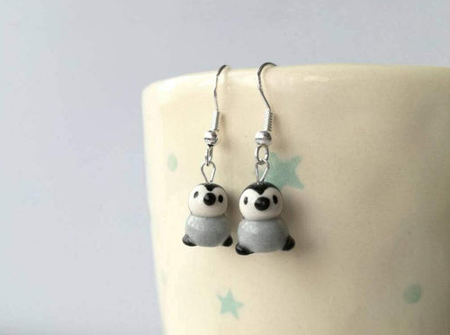 Penguin chick earrings, ceramic, miniature penguins, cute baby penguins, mini, tiny, sterling silver earrings, pottery penguins