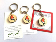 Load image into Gallery viewer, Little robin keyring, small wooden key chain, memory robin, Happy Christmas, ethically sourced wood, eco friendly charm, robins