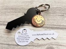 Load image into Gallery viewer, Lucky penny keyring. Cute good luck charm. New home, job, exams, interview, bingo, superstition, cute key fob, key chain, bag charm, lucky gift