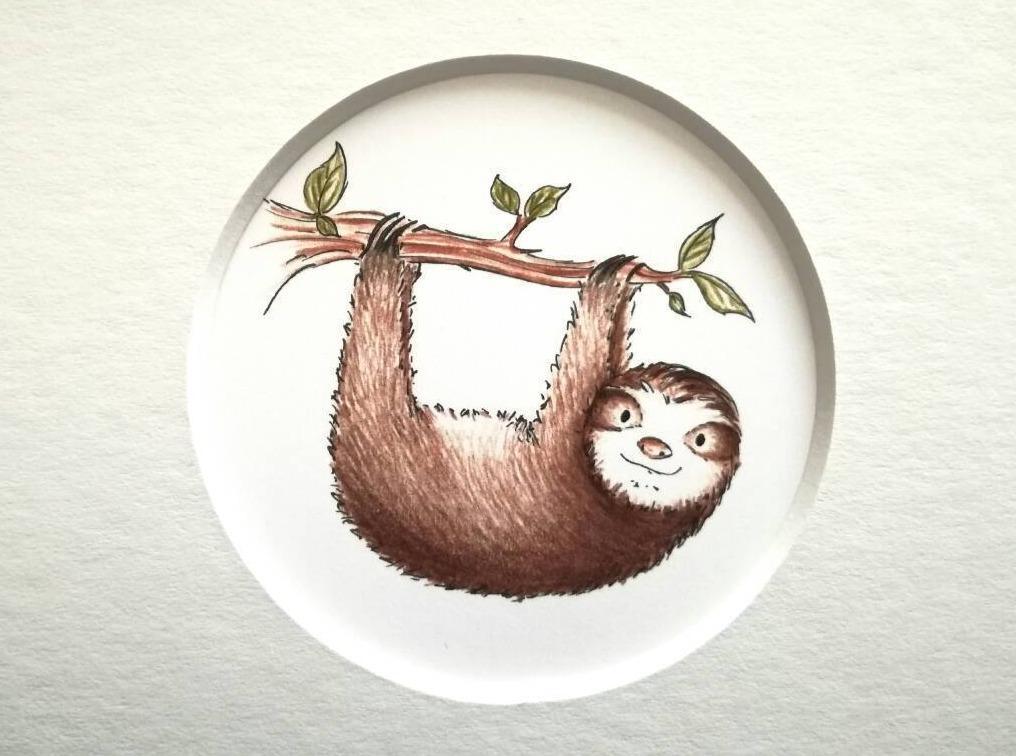 Cute happy sloth illustration, a print in a white mount with a round aperture  