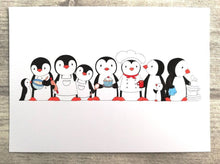 Load image into Gallery viewer, Kitchen penguins print. A 7x5 inch print of penguins baking and washing up
