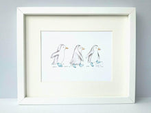 Load image into Gallery viewer, Three grey penguins wearing blue boots and splashing in the puddles, 7 x 5 inch print