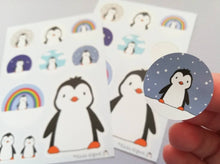 Load image into Gallery viewer, Penguin vinyl sticker sheet, penguin rainbow sticker, clouds, stars, cute stickers, planner, bullet point, journal, reward stickers, rainbows, decals