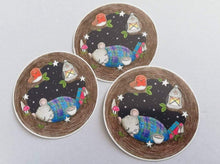 Load image into Gallery viewer, Three round stickers. Mice asleep in a tree under the stars
