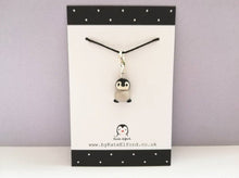 Load image into Gallery viewer, Ceramic penguin chick stitch marker, mini grey penguin charm, cute penguin chick