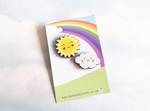 Wooden sun and cloud happy smiling pins