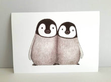 Load image into Gallery viewer, Cute penguin print, two grey chicks cuddled together
