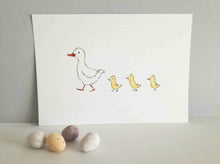 Load image into Gallery viewer, White duck and yellow ducklings following behind. 7x5 inch print
