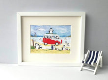 Load image into Gallery viewer, Penguins at the seaside print, camper van, surfing, boating and ice creams