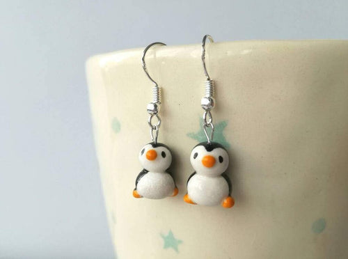 Penguin earrings, ceramic, miniature penguins, cute penguins, mini, tiny, sterling silver earrings