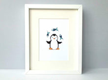 Load image into Gallery viewer, Little illustration of a penguin juggling three blue fish
