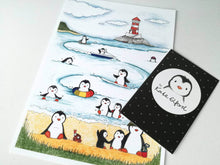 Load image into Gallery viewer, Penguins at the beach print, unframed penguin picture, swimming and surfing at the seaside, lighthouse picture