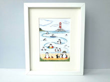 Load image into Gallery viewer, Penguins at the beach print, unframed penguin picture, swimming and surfing at the seaside, lighthouse picture