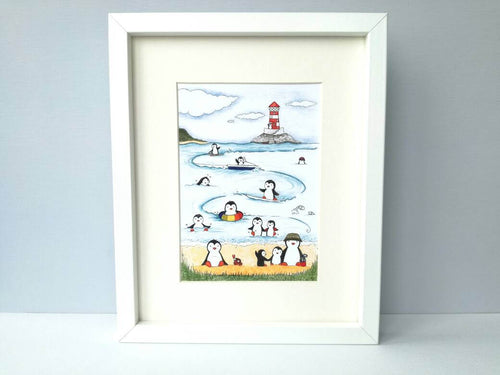 Penguins at the beach print, unframed penguin picture, swimming and surfing at the seaside, lighthouse picture