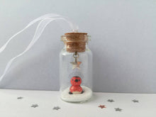 Load image into Gallery viewer, Robin Christmas decoration. Little pottery robin in a mini glass bottle. Miniature Christmas robin ornament
