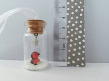 Load image into Gallery viewer, Robin Christmas decoration. Little pottery robin in a mini glass bottle. Miniature Christmas robin ornament
