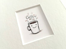 Load image into Gallery viewer, Miniature coffe cup print, a happy mug, with the word coffee swirled in the steam
