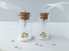 Load image into Gallery viewer, Miniature hedgehog decoration. Little pottery hedgehog in a glass bottle. Christmas hedgehog ornament