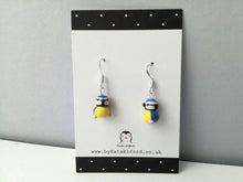 Load image into Gallery viewer, Blue tit earrings, ceramic, miniature birds, garden bird sterling silver earrings