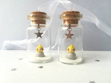 Load image into Gallery viewer, Cockatiel Christmas decoration. Little pottery cockatiel in a miniature glass bottle. Mini Christmas grey and yellow bird ornament