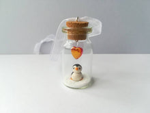 Load image into Gallery viewer, Miniature penguin gift. Little pottery penguin in a glass bottle. Red love heart mini penguin ornament
