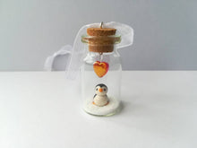 Load image into Gallery viewer, Miniature penguin gift. Little pottery penguin in a glass bottle. Red love heart mini penguin ornament