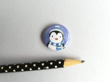 Load image into Gallery viewer, Black and white penguin wearing a hat and scarf mini badge
