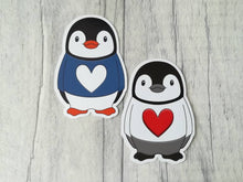 Load image into Gallery viewer, Penguin vinyl stickers, penguin jumper sticker, heart, cute sticker