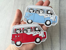 Load image into Gallery viewer, Camper van sticker, penguins vinyl sticker, penguin sticker, red and blue camper van, cute sticker