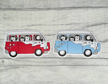 Load image into Gallery viewer, Camper van sticker, penguins vinyl sticker, penguin sticker, red and blue camper van, cute sticker