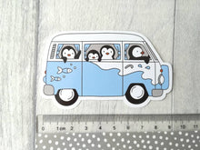 Load image into Gallery viewer, Camper van sticker, penguins vinyl sticker, penguin sticker, red and blue camper van, cute sticker