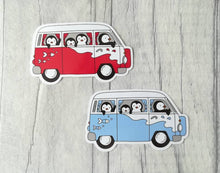 Load image into Gallery viewer, Camper van sticker, penguins vinyl sticker, penguin sticker, red and blue camper van, cute sticker
