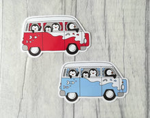 Load image into Gallery viewer, Camper van sticker, penguins vinyl sticker, penguin sticker, red and blue camper van, cute sticker
