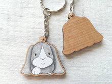 Load image into Gallery viewer, Seconds - Rabbit keyring, wooden grey bunny key fob, rabbit key chain, wood bag charm, made from eco friendly, responsibly resourced wood.