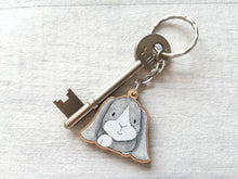 Load image into Gallery viewer, Seconds - Rabbit keyring, wooden grey bunny key fob, rabbit key chain, wood bag charm, made from eco friendly, responsibly resourced wood.