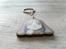 Load image into Gallery viewer, Seconds - Rabbit keyring, wooden grey bunny key fob, rabbit key chain, wood bag charm, made from eco friendly, responsibly resourced wood.