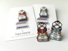 Load image into Gallery viewer, Penguin book enamel pin, penguin brooch, just one more page badge, hard enamel pins