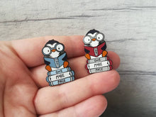 Load image into Gallery viewer, Penguin book enamel pin, penguin brooch, just one more page badge, hard enamel pins