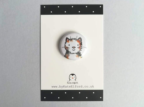 Mini tortoiseshell cat illustration button badge