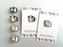 Load image into Gallery viewer, Seconds. Mini pig enamel pins, black soft enamel badge, guinea pig enamel brooch pins, tri colour, ginger, grey, black, white cavy badges