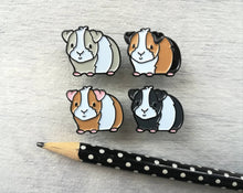 Load image into Gallery viewer, Seconds. Mini pig enamel pins, black soft enamel badge, guinea pig enamel brooch pins, tri colour, ginger, grey, black, white cavy badges