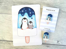 Load image into Gallery viewer, Ice lolly penguin postcard. Penguins on ice
