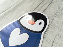 Load image into Gallery viewer, Penguin vinyl stickers, penguin jumper sticker, heart, cute sticker