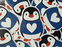 Load image into Gallery viewer, Penguin vinyl stickers, penguin jumper sticker, heart, cute sticker