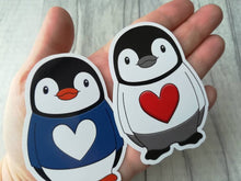 Load image into Gallery viewer, Penguin vinyl stickers, penguin jumper sticker, heart, cute sticker