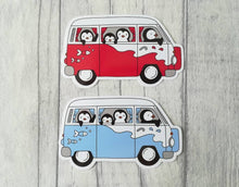 Load image into Gallery viewer, Camper van sticker, penguins vinyl sticker, penguin sticker, red and blue camper van, cute sticker