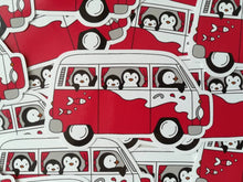 Load image into Gallery viewer, Camper van sticker, penguins vinyl sticker, penguin sticker, red and blue camper van, cute sticker