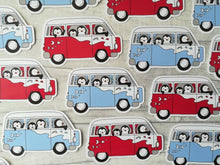 Load image into Gallery viewer, Camper van sticker, penguins vinyl sticker, penguin sticker, red and blue camper van, cute sticker